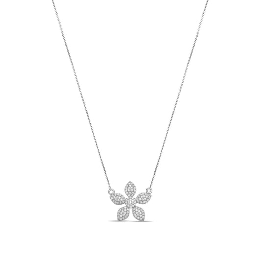 Flower Pave Necklace  - Silver Rhodium Plated