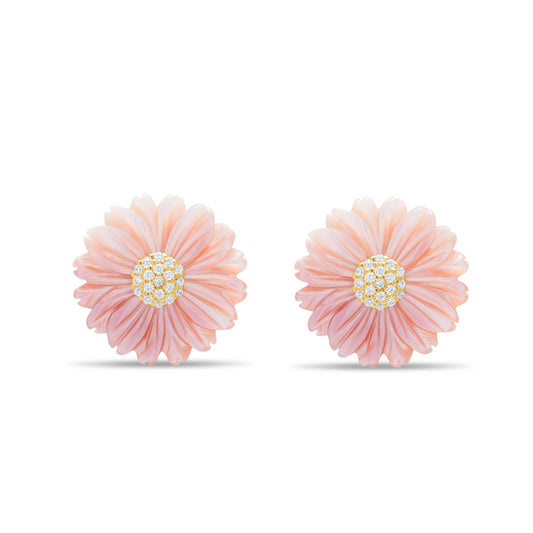 Pink Flower Pair with Circle Stud Earring - Gold Plated