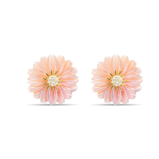 Small Pink Flower Pair with Sun Stud Earring - Gold Plated