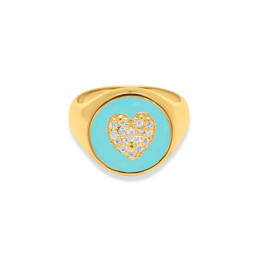 Turquoise Circle Heart Chevalier Ring - Gold Plated