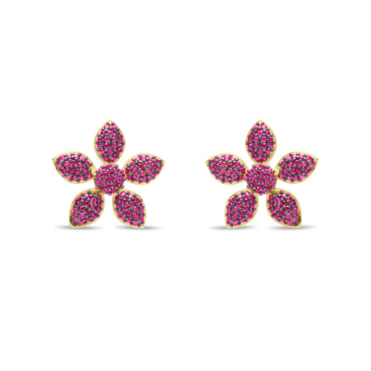 Ruby Flower Pave Stud Pair Earring - Gold Plated