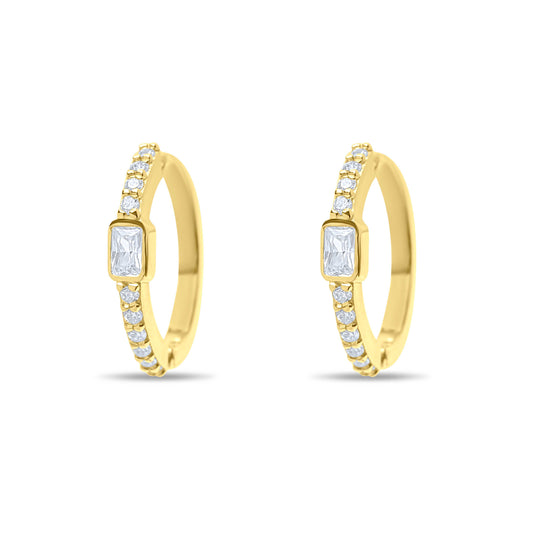 Baguette Hoops with White zircons pair earrings - Gold Plated