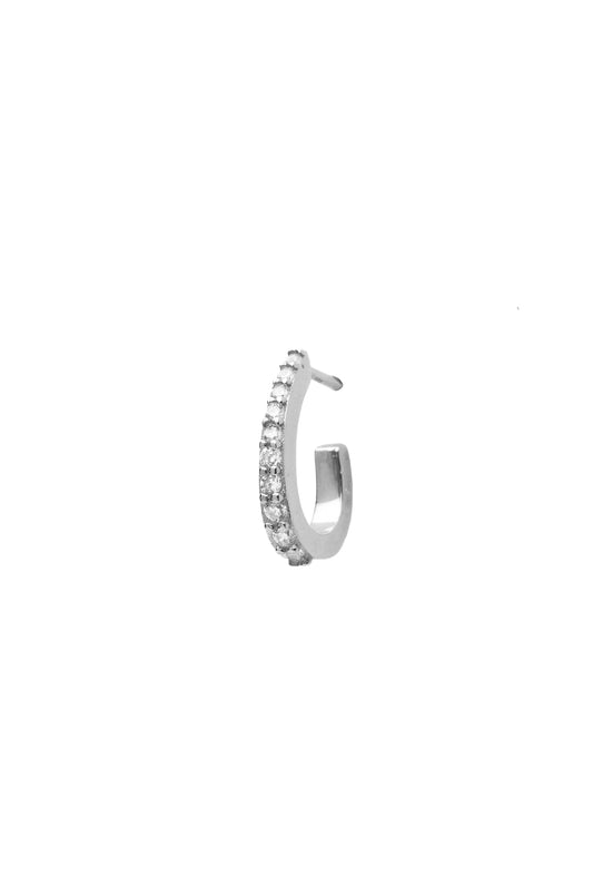 Oval Single Hoop Earring with White zircon - Silver Rhodium Plated