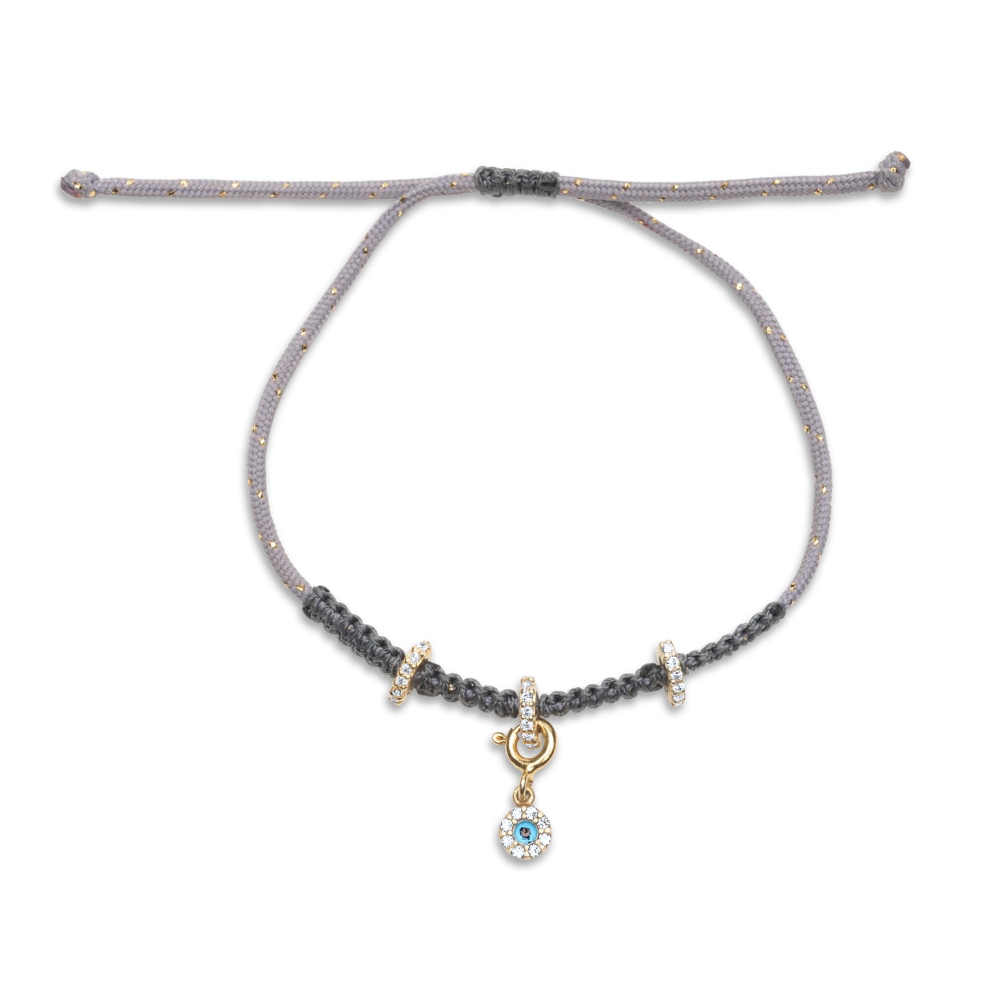 Round Evil Eye Bracelet with grey cord - Gold Plated